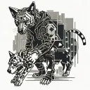 A cyberpunk-inspired tattoo featuring a hacker surrounded by digital code and a pixelated dog companion tattoo design idea