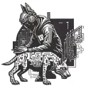 A cyberpunk-inspired tattoo featuring a hacker surrounded by digital code and a pixelated dog companion tattoo design idea