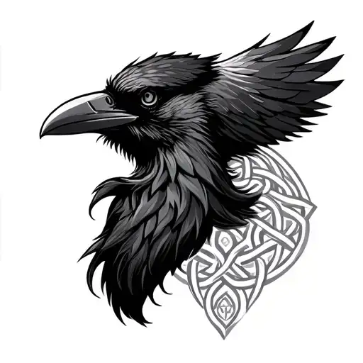 Celtic warrior head with a raven as a beard with celtic knot work background tattoo design idea