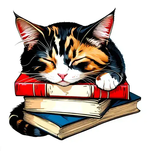 calico cat sleeping on books stacked tattoo design idea