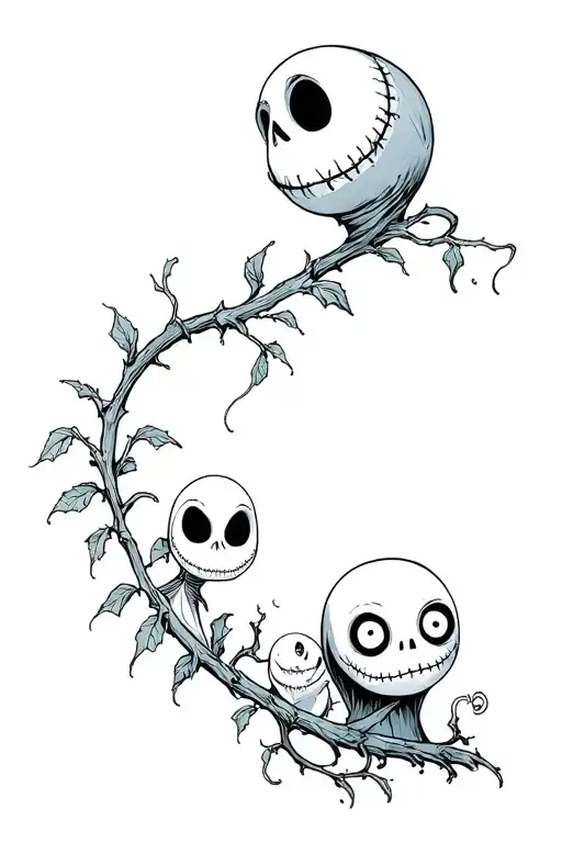 nightmare before christmas characters lock, shock, barrel, and zero playing in a deadly nightshade vine tattoo design idea