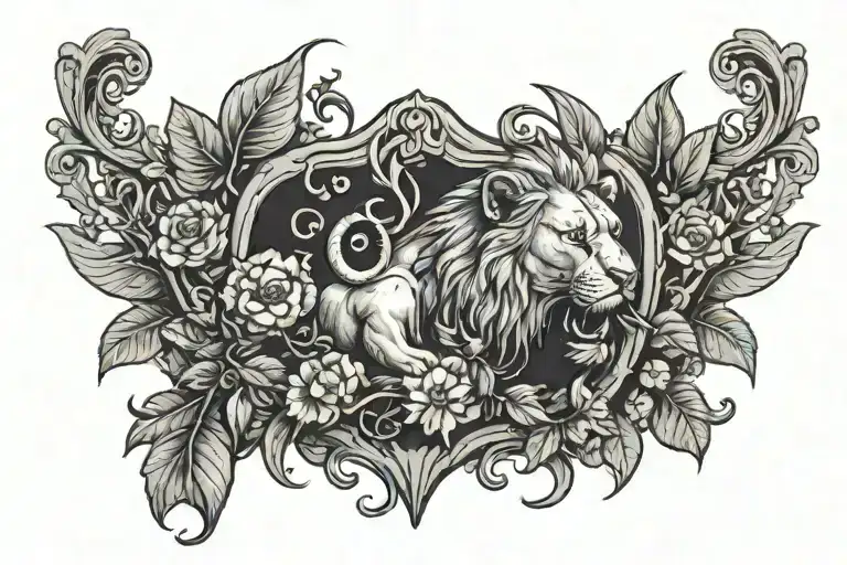 a tomb stone with words and a lions mouth enclosed the top and bottom of the tombstone. surrounded by vines and greenery tattoo design idea