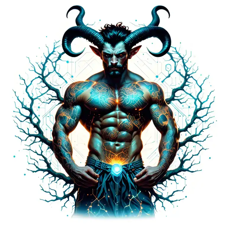 sexy gay male horned satyr with massive bodybuilder muscles flex. cyber tree roots, vines and constellations tattoo design idea