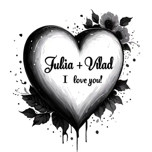 A large painted heart in the center of which is written in Russian: "Julia + Vlad" under the heart the inscription: "I love you!" tattoo design idea