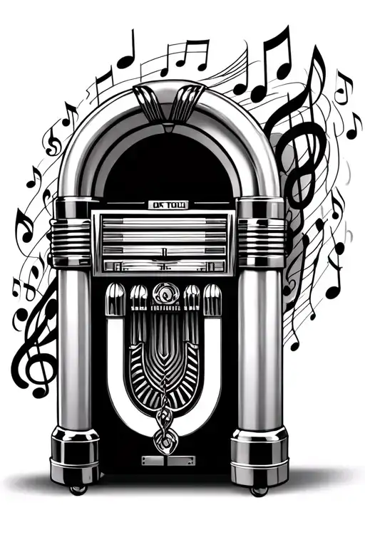 1950s jukebox with music notes, flowing up and out of it tattoo design idea