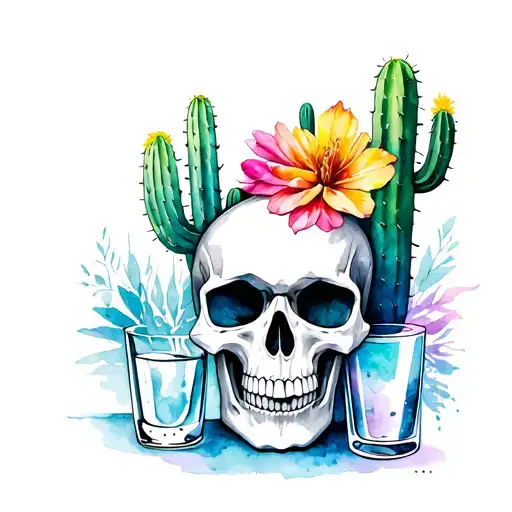 cactus skull and tequila shot tattoo design idea