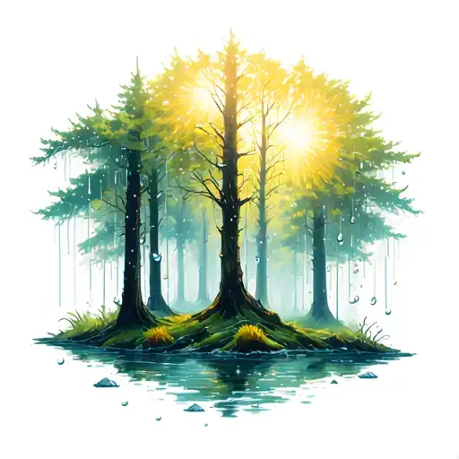 forest thru raindrops with sunbeams tattoo design idea