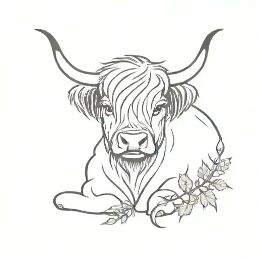 highland cow laying down vertical in with thistles around them tattoo design idea