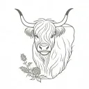 highland cow laying down vertical in with thistles around them tattoo design idea