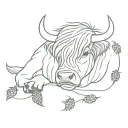 highland cow laying down vertical in with thistles around them tattoo design idea
