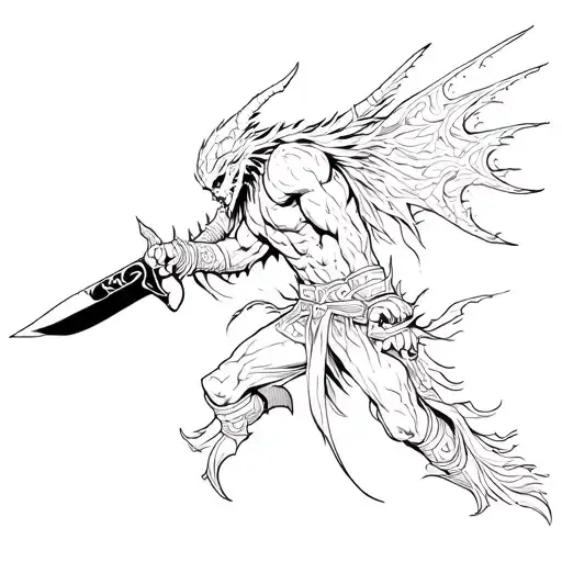 Demon warrior with intricate knife designs tattoo design idea