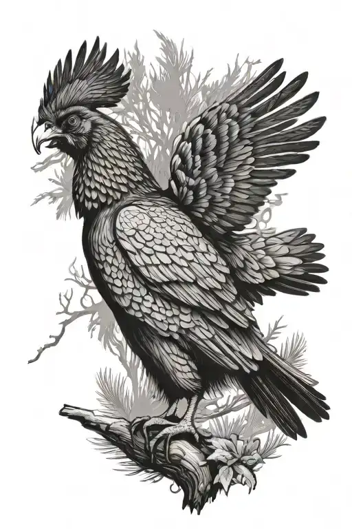 hunting scene, capercaillie perched on a branch and Hunter aiming it with shotgun and finnish upright ear barking tattoo design idea