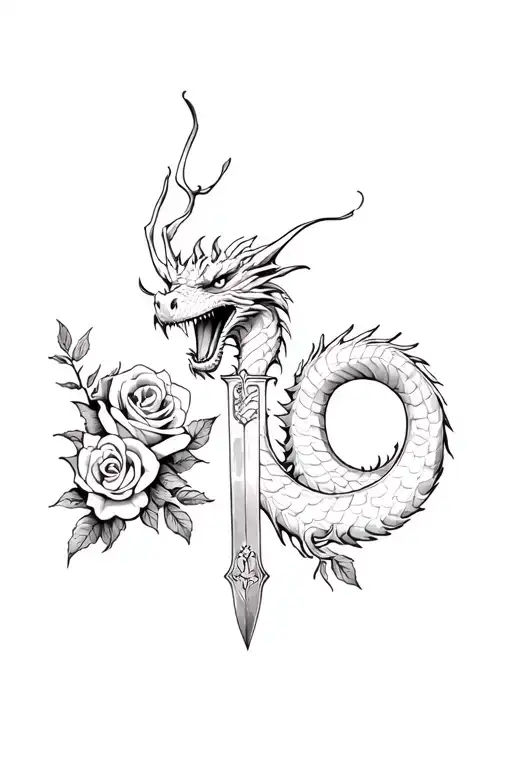 dragon and little dagger and roses tattoo design idea