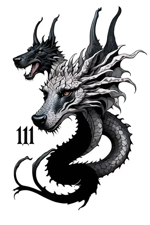 gray wash long Hydra dragon with doberman heads and Number 11 tattoo design idea