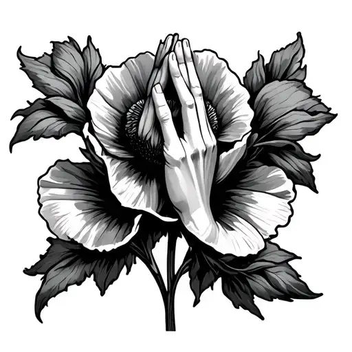 cross praying hands poppy flower tattoo design idea