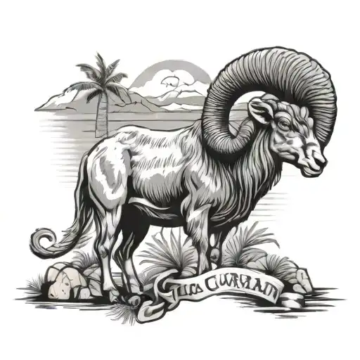 curacao island landscape with capricorn ram tattoo design idea
