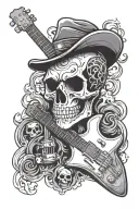 flat cap, skull, electric guitar, smoke rising tattoo design idea