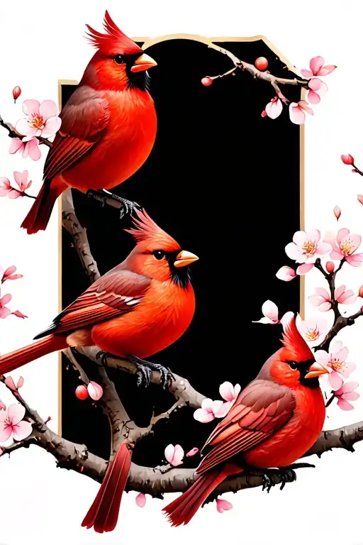 two cardinals perched on a single akebono cherry blossom branch, facing each other in an intimate pose tattoo design idea