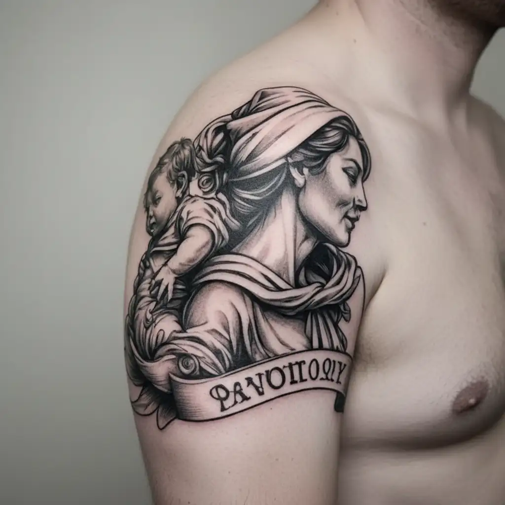 a figure of mum holding her baby with 3 bannersfor date of birth tattoo design idea