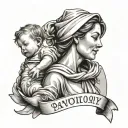 a figure of mum holding her baby with 3 bannersfor date of birth tattoo design idea