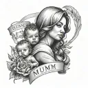 a figure of mum holding her baby with 3 bannersfor date of birth tattoo design idea