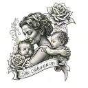 a figure of mum holding her baby with 3 bannersfor date of birth tattoo design idea
