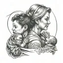 a figure of mum holding her baby with 3 bannersfor date of birth tattoo design idea