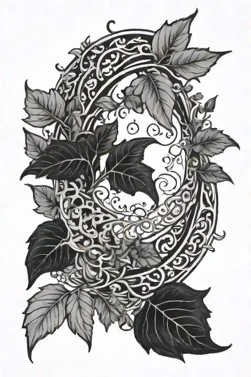 crescent moon and ivy leaves tattoo design idea