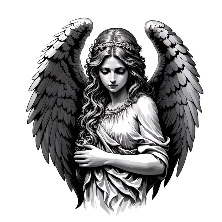 beautiful betrayed angel holding wing tattoo design idea