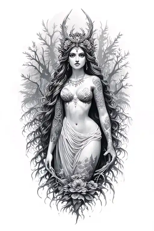 goddess Theia forest with a ford tattoo design idea
