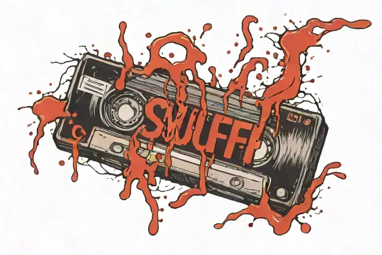 A bloody VHS tape with the word "SNUFF" written on the tape. tattoo design idea