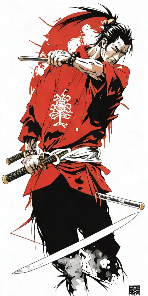 male anime samurai holding swords fighting inner demons tattoo design idea