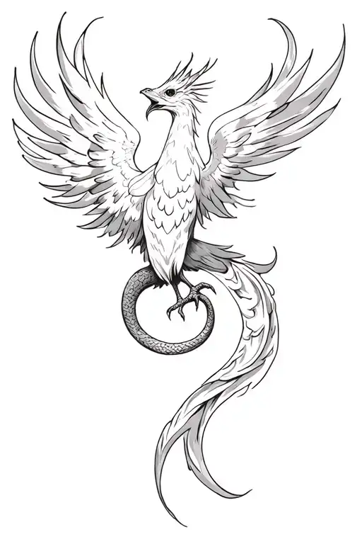 Phoenix  snaking acorss upper thigh tattoo with a firey tail in black and white tattoo design idea