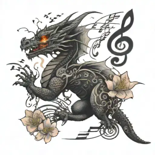 A black-grey tattoo of a dragon breathing fire onto a field of cherry blossom trees with musical notes floating in the air tattoo design idea