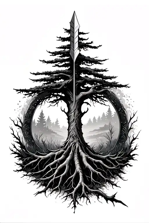 an arrow that has the top of a tree on the back end and has the roots of the tree circle around the shaft of the arrow tattoo design idea