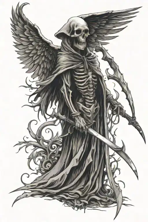 reaper with a scythe and half face human with wings spread wide frontal view tattoo design idea