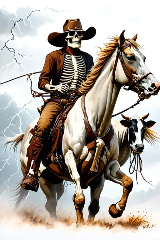 dead  skeleton cowboy riding a horse roping a cow in a thunderstorm  tattoo design idea