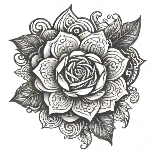mandala and filigree and rose intertwined tattoo design idea