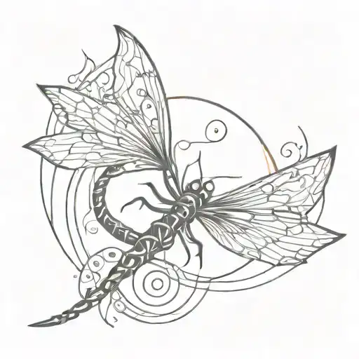 Sun with a spiral in the middle as the head of a dragon fly's body tattoo design idea