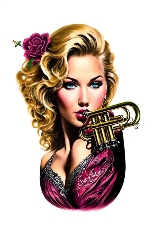 sexy blonde female trumpet plaer tattoo design idea