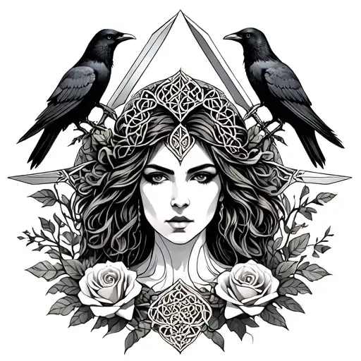 Celtic Goddess, Morrigan. Surrounded by ravens, roses and swords tattoo design idea