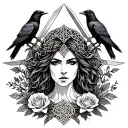 Celtic Goddess, Morrigan. Surrounded by ravens, roses and swords tattoo design idea
