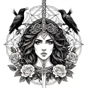 Celtic Goddess, Morrigan. Surrounded by ravens, roses and swords tattoo design idea