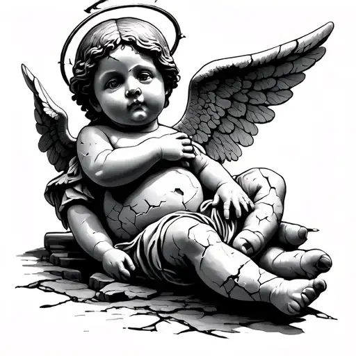 "Alexa" Make me a hand tattoo of a stone baby angel with cracks and a broken halo tattoo design idea