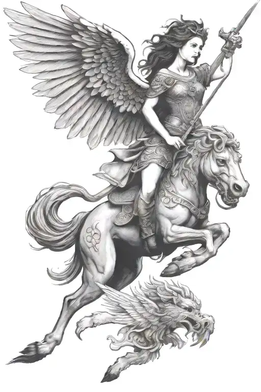 celtic warrior woman holding a sword riding a griffin tattoo design idea