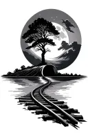 tree, train tracks, wave, moon tattoo design idea