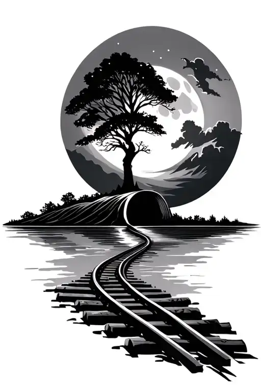 tree, train tracks, wave, moon tattoo design idea