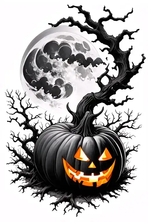 gothic, smoke, moon, trees, jack o lantern surrounded tattoo design idea