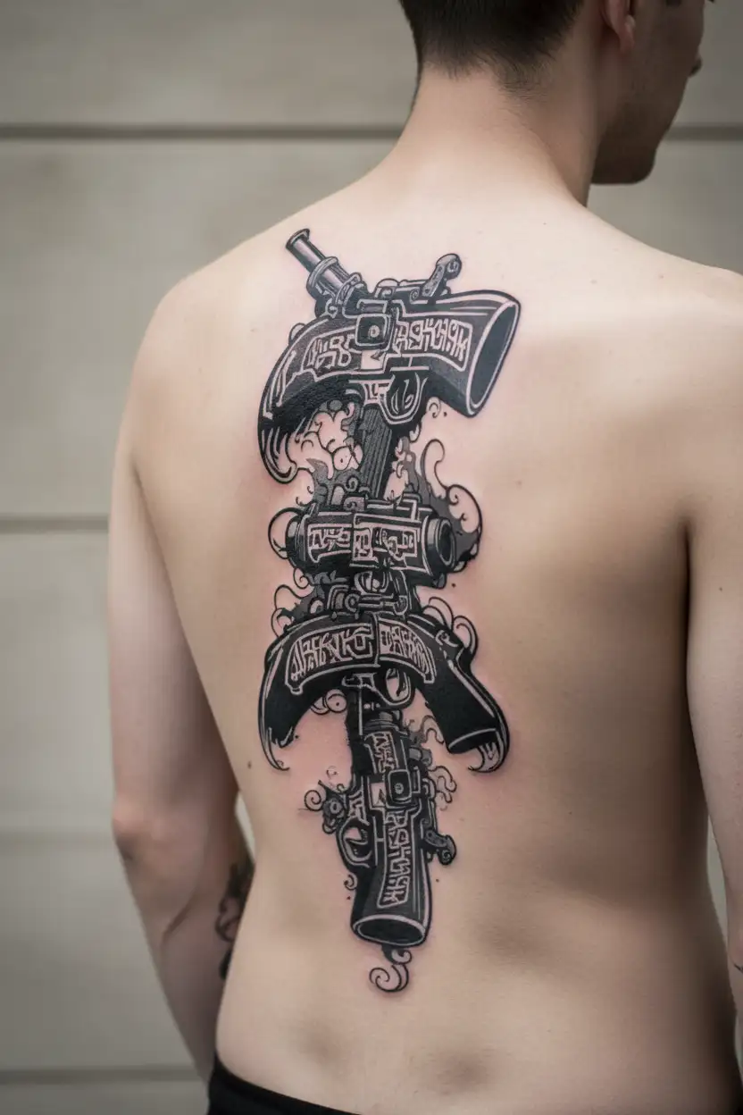 graffiti writing the name Richardson AK-47  smoking guns with cartoon like smoking out the barrel  tattoo design idea