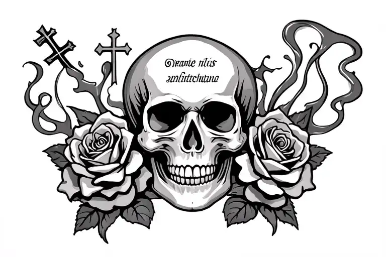 skull and roses with roses and smoke and a cross with names on it  tattoo design idea